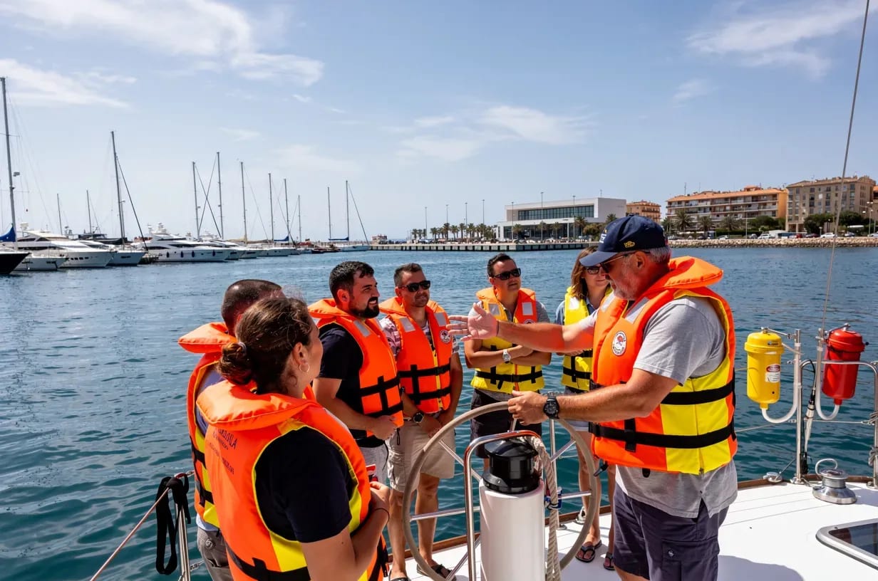 Patrón explicando normas de seguridad a pasajeros en cubierta de velero en Alicante