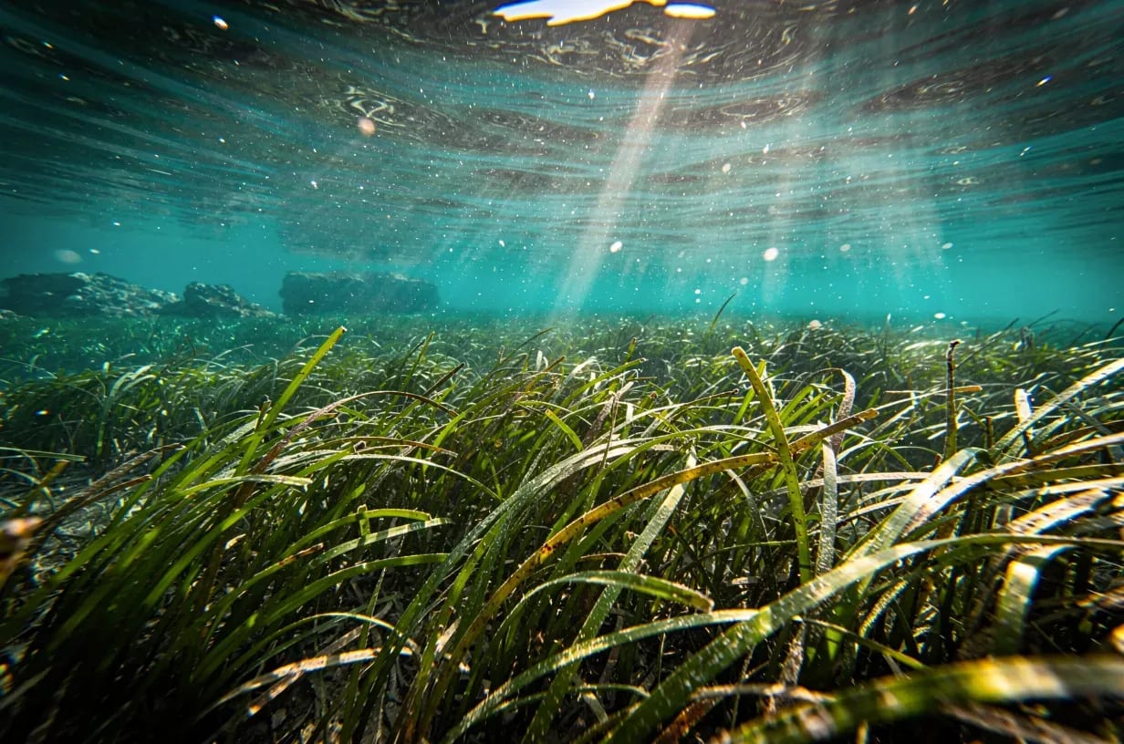 Pradera de posidonia oceánica en aguas cristalinas del Mediterráneo cerca de Alicante