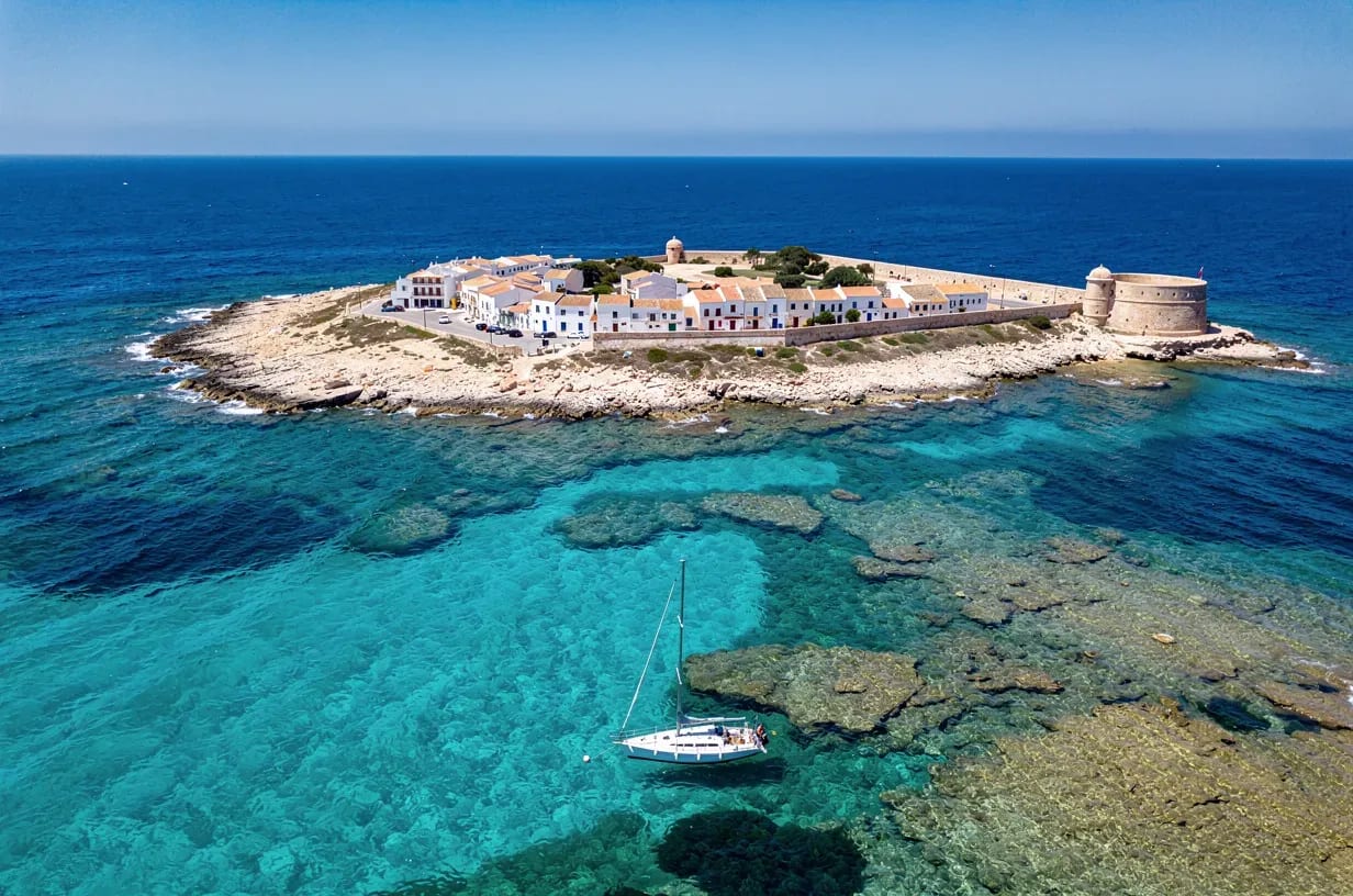 Vista aérea de la isla de Tabarca con velero fondeado en bahía turquesa