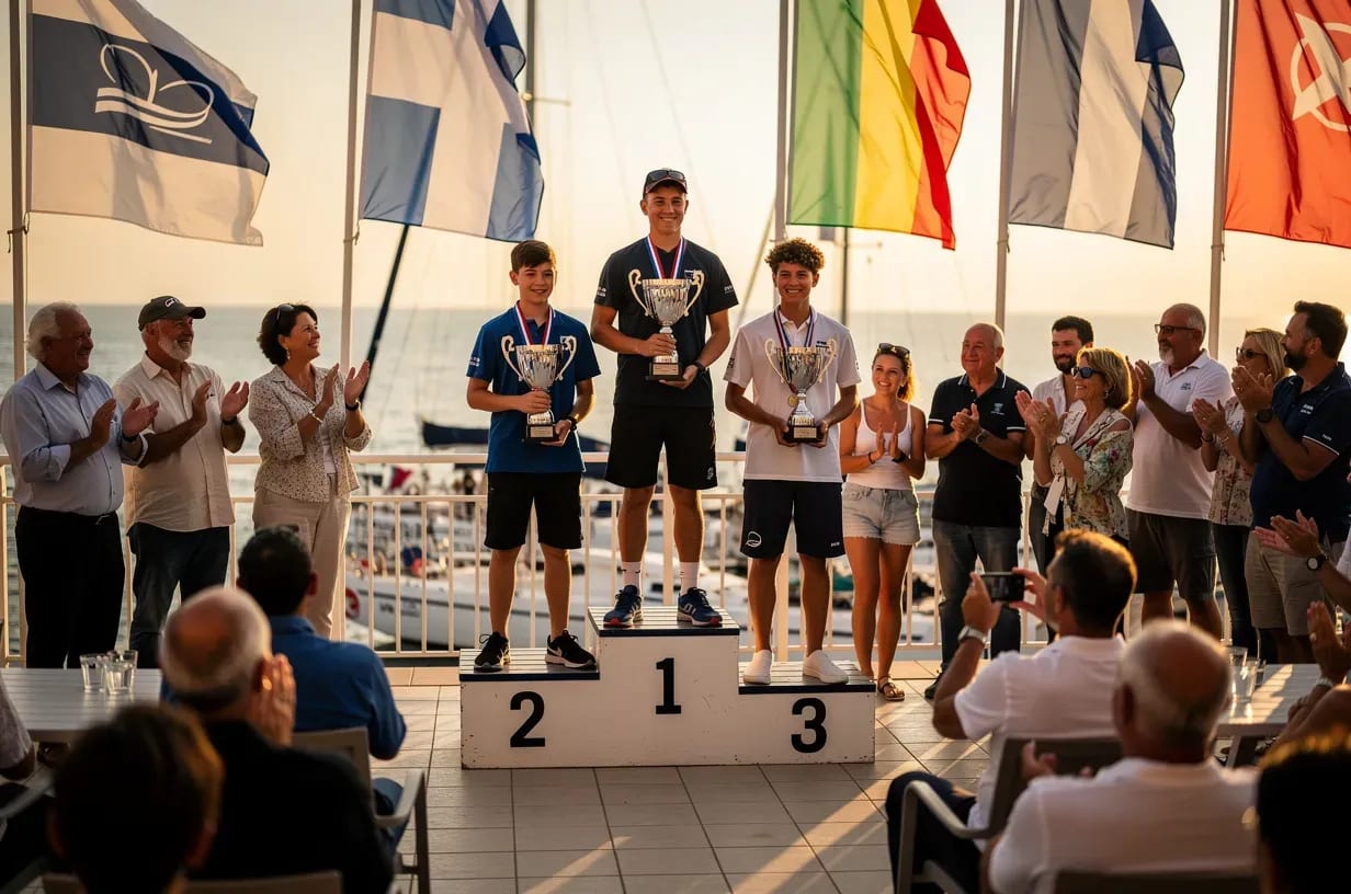 Entrega de trofeos del campeonato autonómico de Optimist con jóvenes regatistas en el podio
