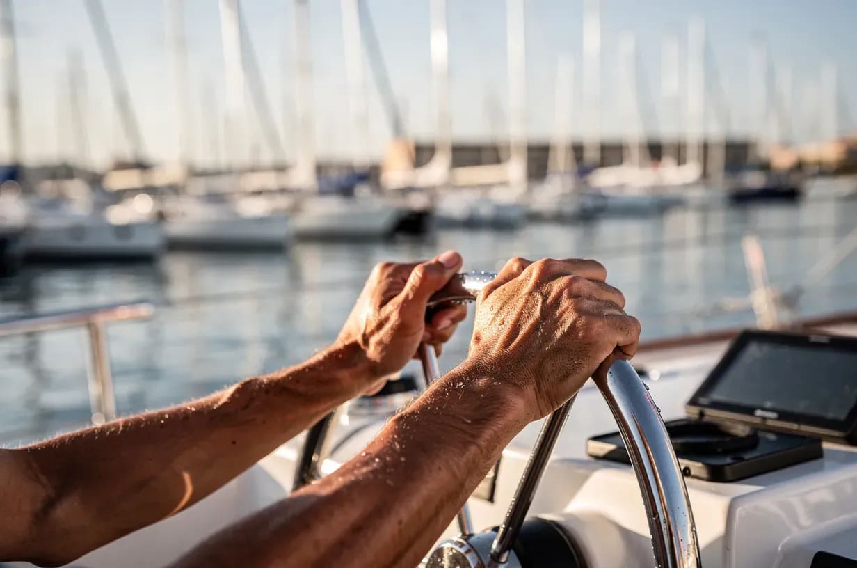 Manos del patrón al timón del velero Peggy con el puerto de Alicante al fondo