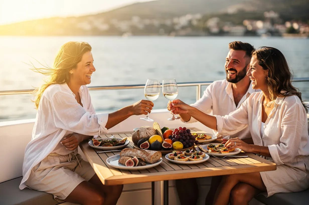 Brindis con copas de vino en cubierta del velero durante el alquiler con patrón