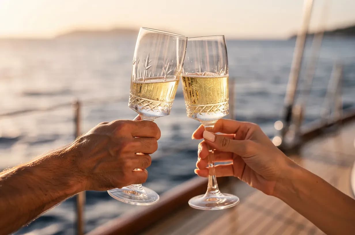 Brindis con copas de cava en cubierta de un velero al atardecer en Alicante