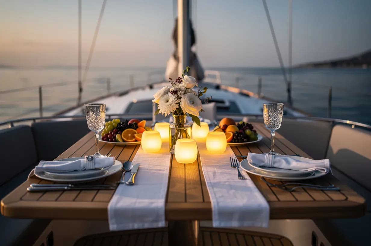 Mesa de cubierta decorada para una cena íntima de aniversario en velero al atardecer