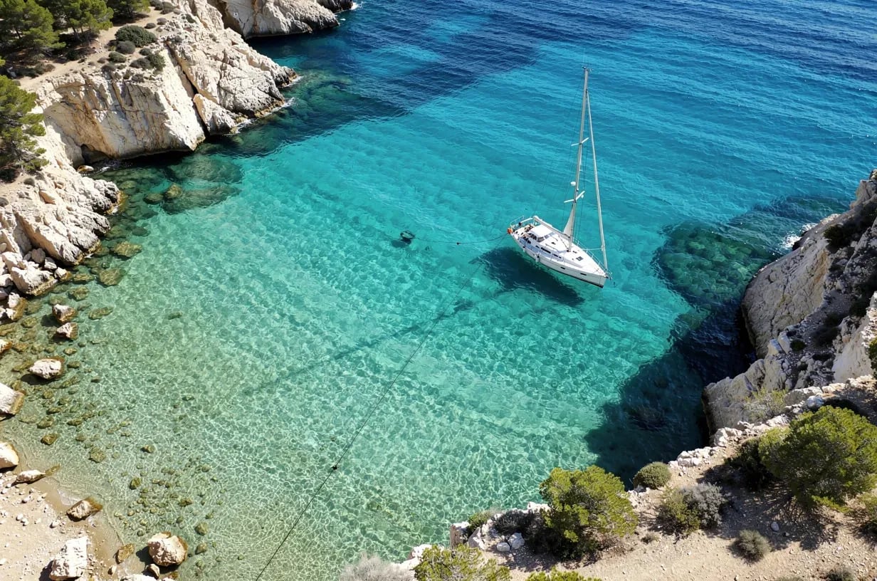 Velero fondeado en una cala del Cabo de las Huertas con cadena visible en agua transparente del Mediterráneo