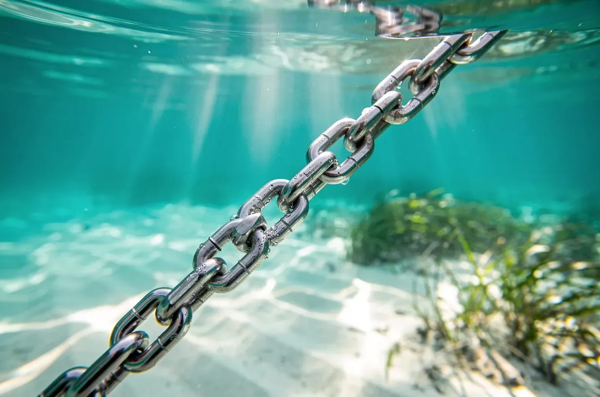 Cadena de ancla descendiendo a un fondo de arena en aguas turquesas del Mediterráneo, una de las claves de un buen fondeo