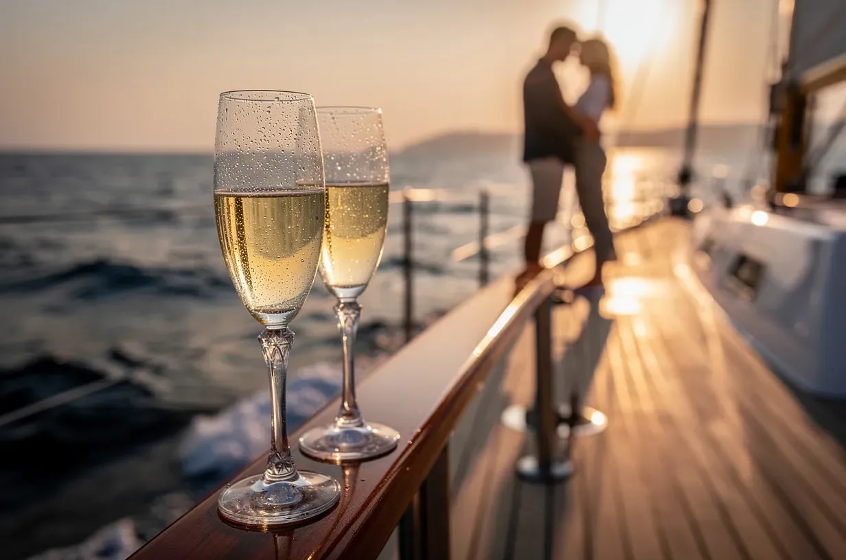 Copas de cava en la cubierta de un velero al atardecer en el Mediterráneo