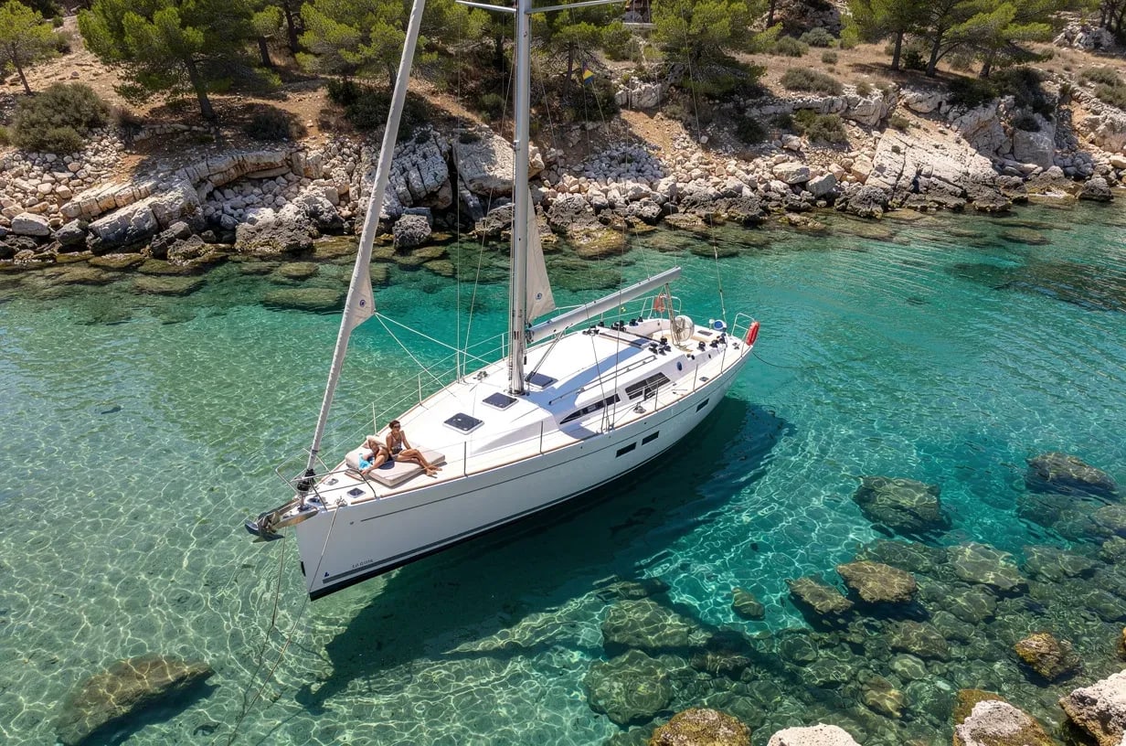 Velero de 19 metros fondeado en cala mediterránea cerca de Alicante con pareja en cubierta