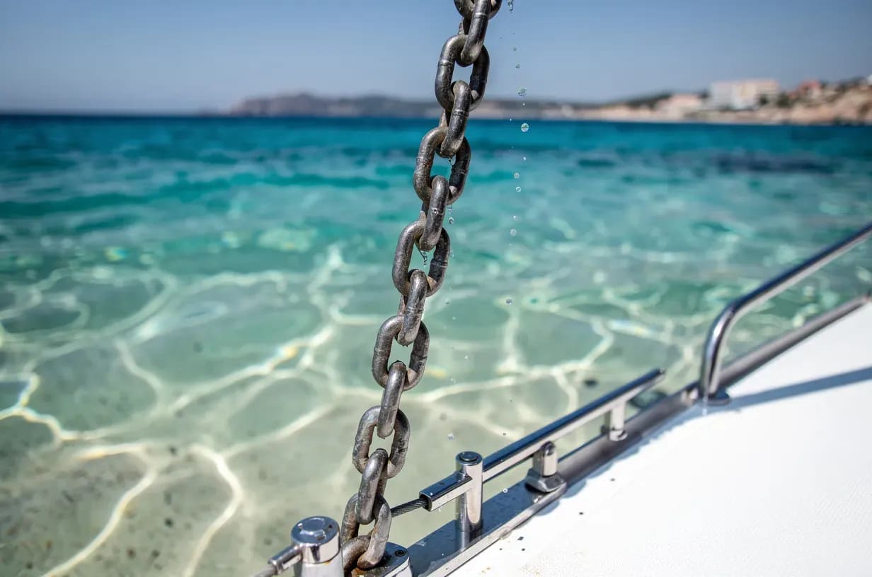 Cadena de ancla subiendo en vertical sobre agua clara y fondo de arena en el Mediterraneo