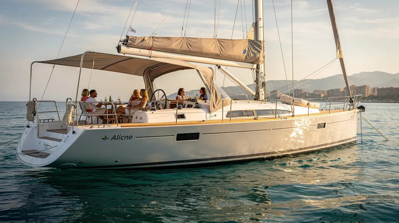 Velero privado navegando en agosto frente a la costa de Alicante con luz de verano