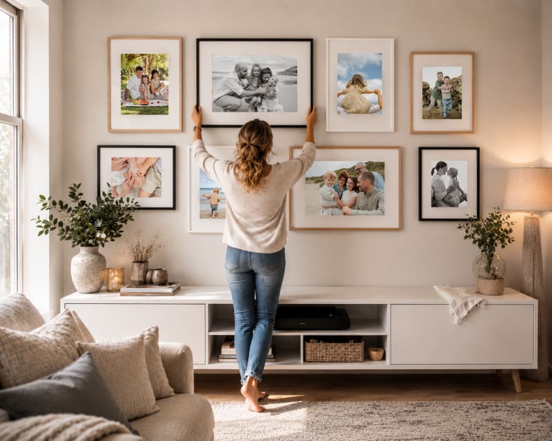Framed prints displayed on a cream wall in a contemporary Australian living room