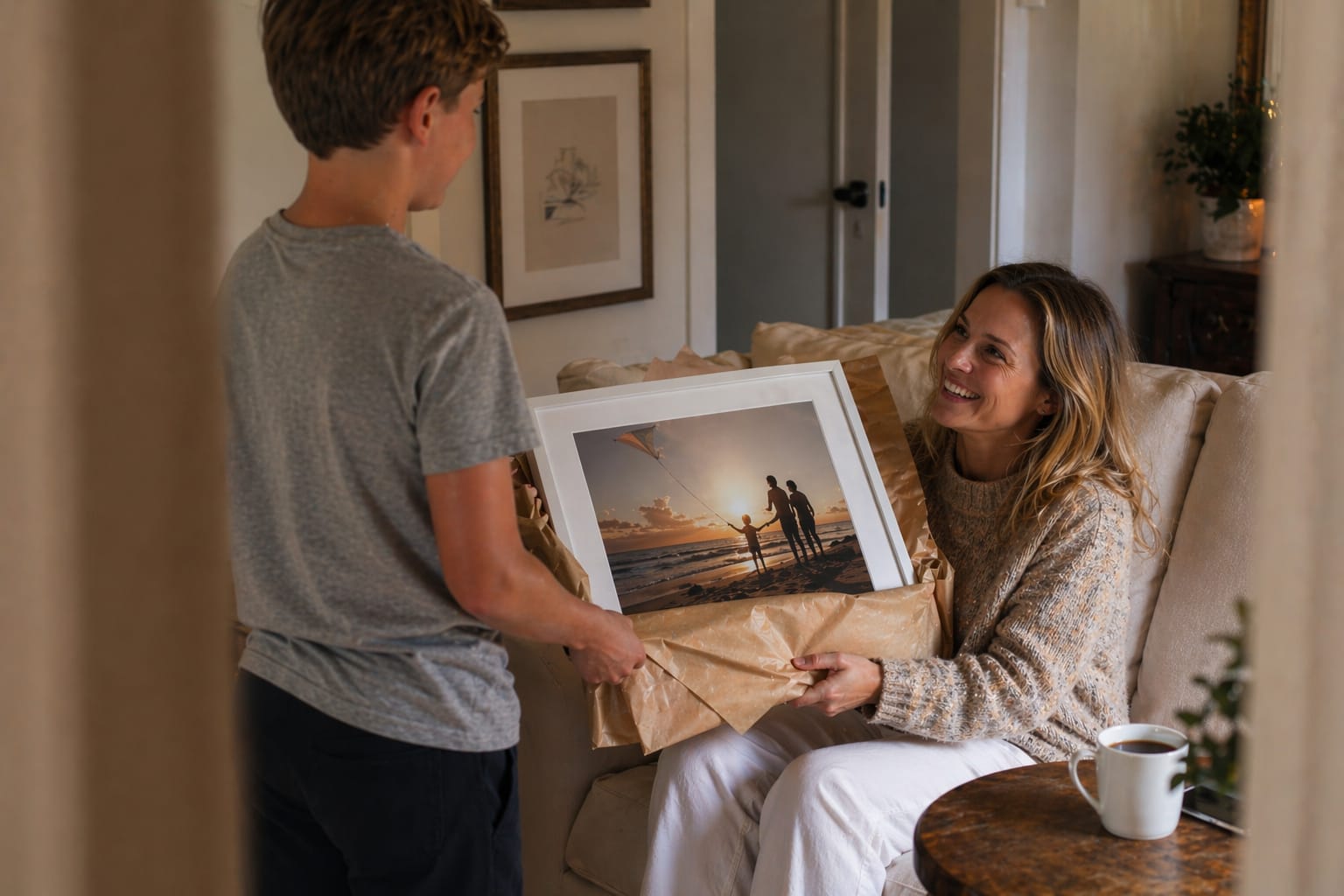 Mother and son smiling while unwrapping a framed print gift