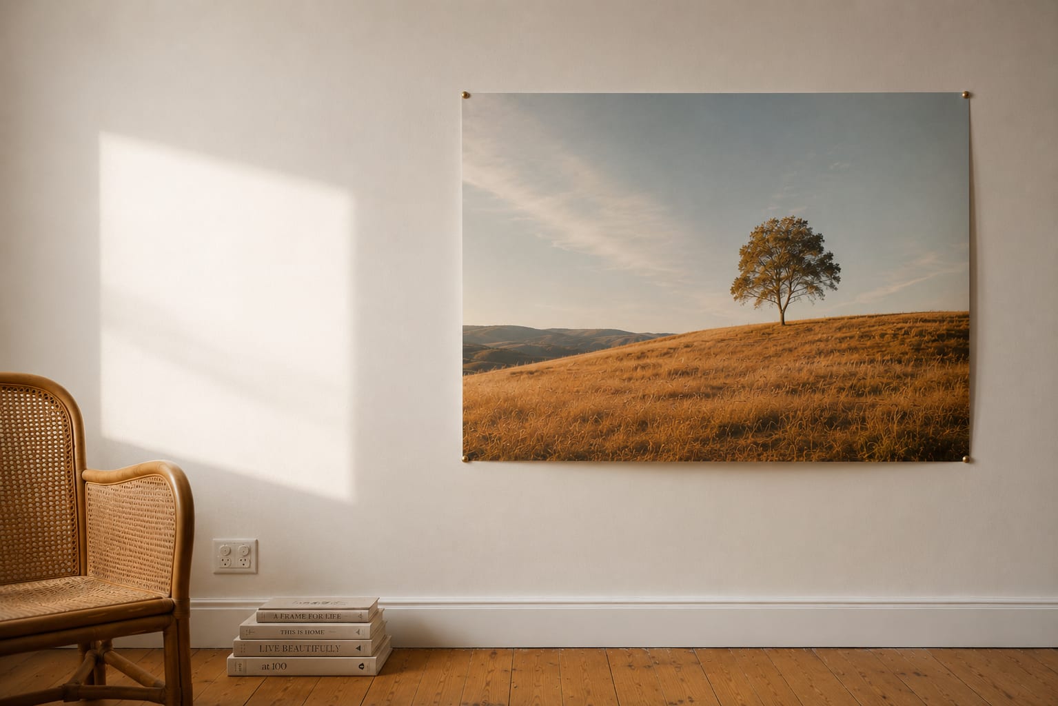 An unframed fine art print pinned to the wall of a living room