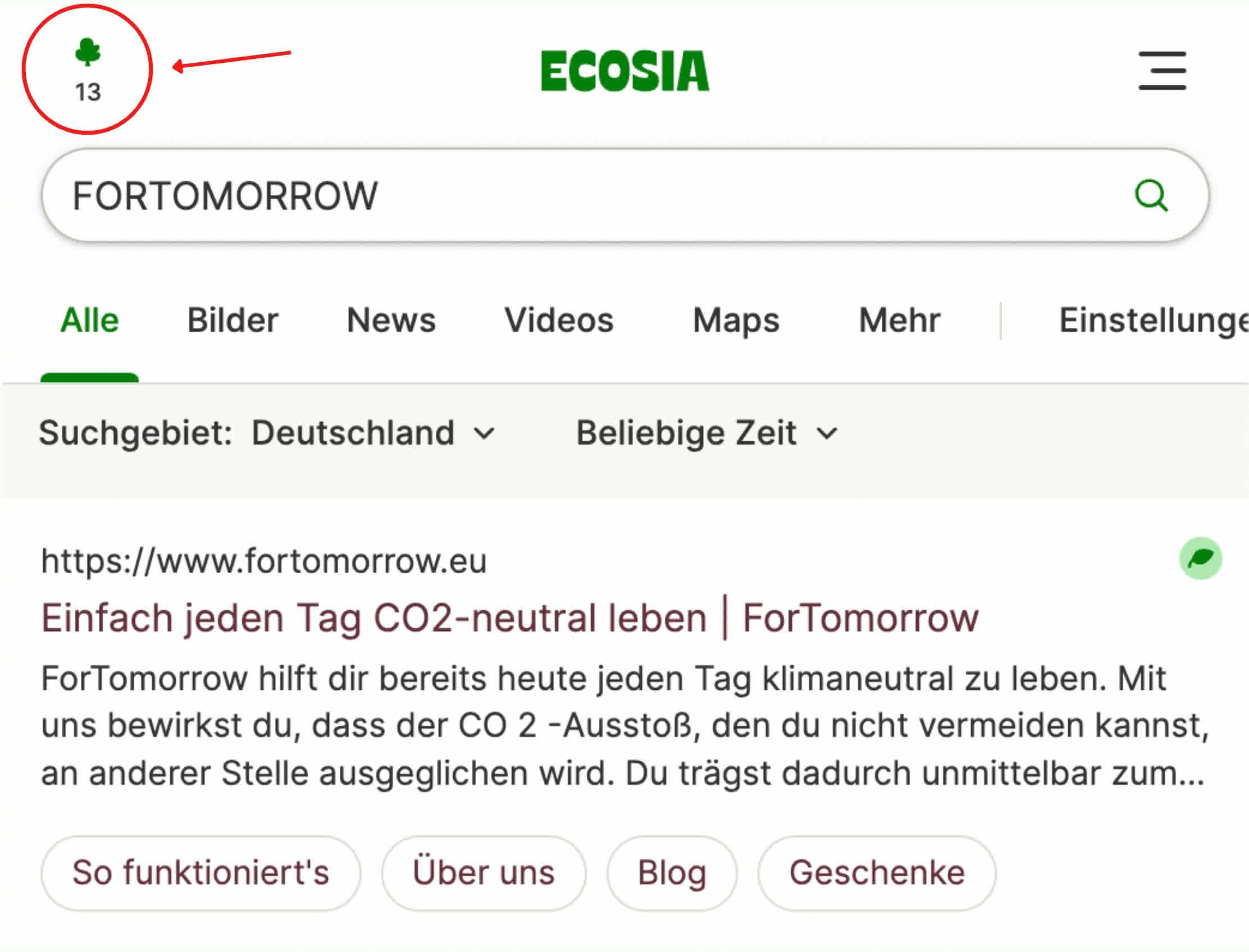 Suchfenster der Ecosia-Suchmaschine