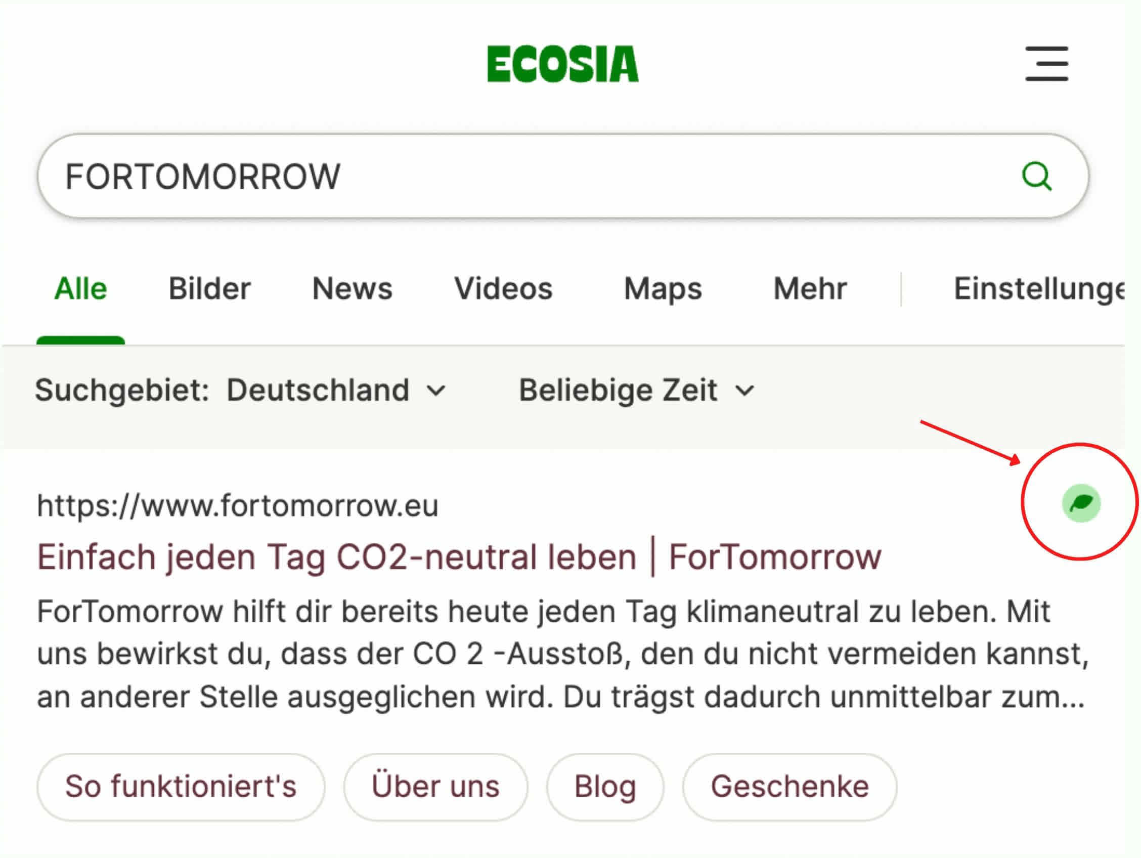 Kleines Icon eines grünen Blatts Green Leaf von Ecosia neben ForTomorrow-Webseite