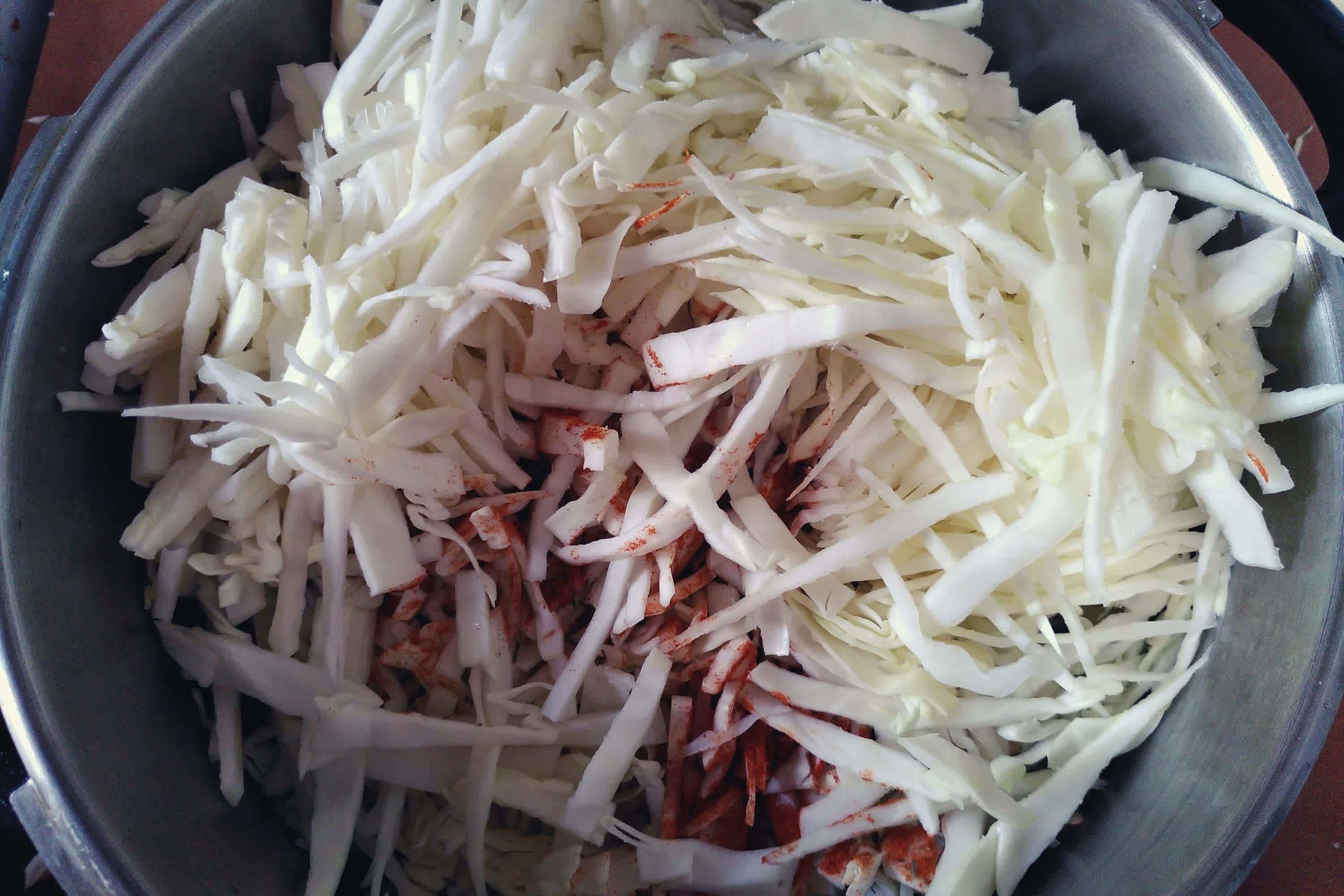 Schüssel mit Weißkohlstreifen, Salz und weiteren Gewürzen