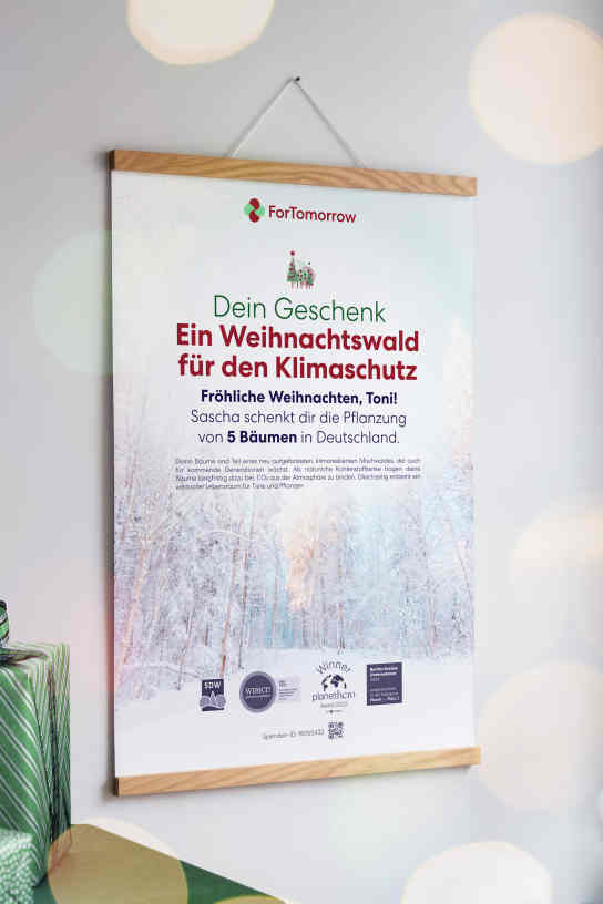 Ausgedrucktes Geschenkzertifikat an einer Wand. Darauf Text, der anfängt mit "Dein Geschenk: ein Weihnachtswald für den Klimaschutz. Fröhliche Weihnachten, Toni! Sascha schenkt dir die Pflanzung von 5 Bäumen in Deutschland."