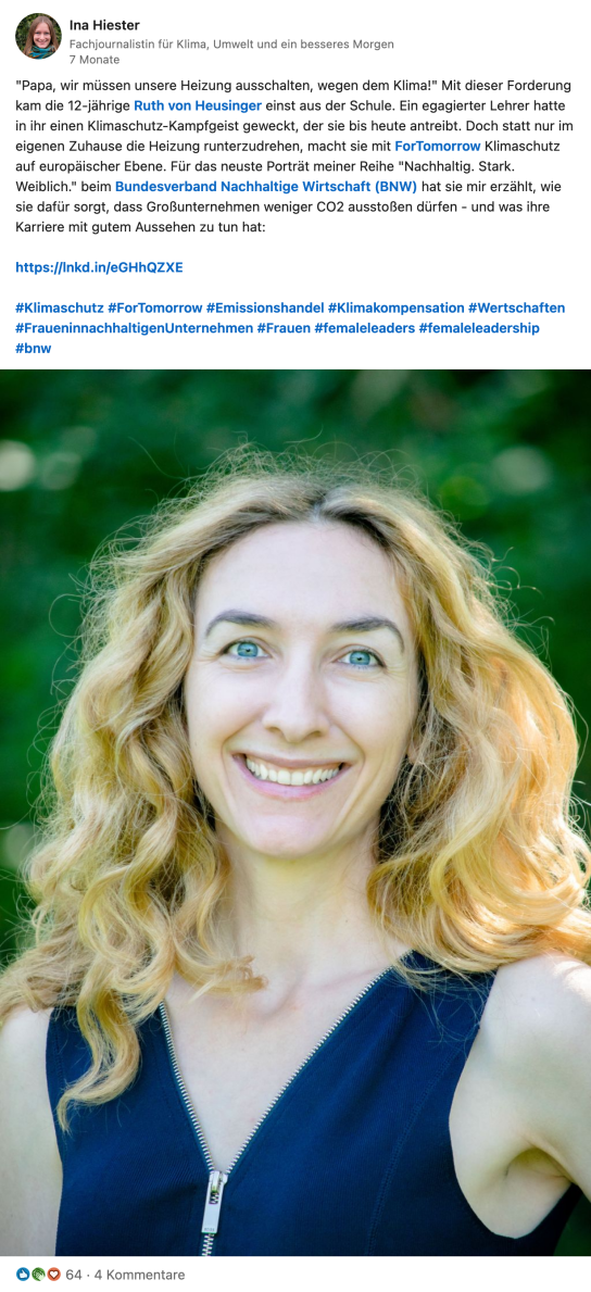 Bildschirmfoto von einem LinkedIn-Beitrag von Ina Hiester