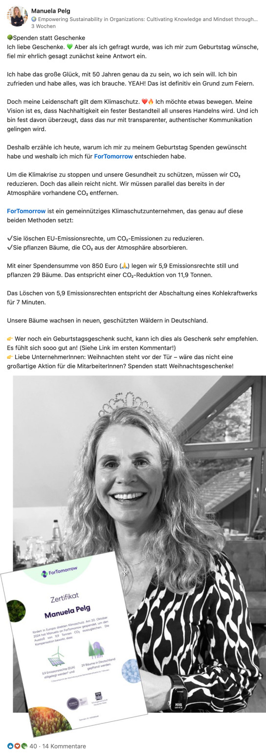 Bildschirmfoto von einem LinkedIn-Beitrag von Manuela Pelg