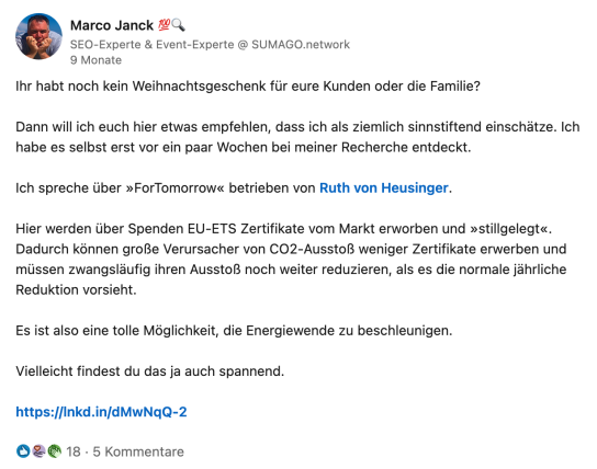 Bildschirmfoto von einem LinkedIn-Beitrag von Marco Janck
