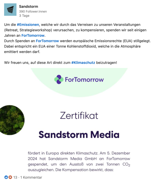 Bildschirmfoto von einem LinkedIn-Beitrag von Sandstorm