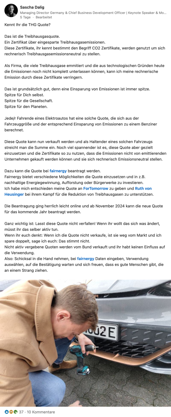 Bildschirmfoto von einem LinkedIn-Beitrag von Sascha Dalig