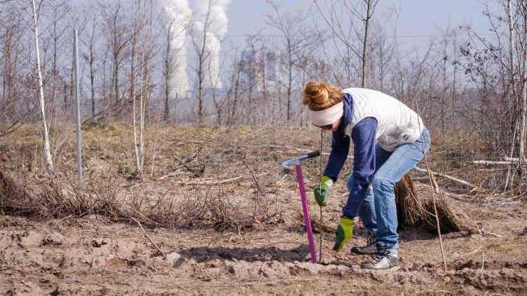 ForTomorrow Gründerin Ruth von Heusinger pflanzt einem kleinen Baum. Im Hintergrund dampft ein Kohlenkraftwerk.