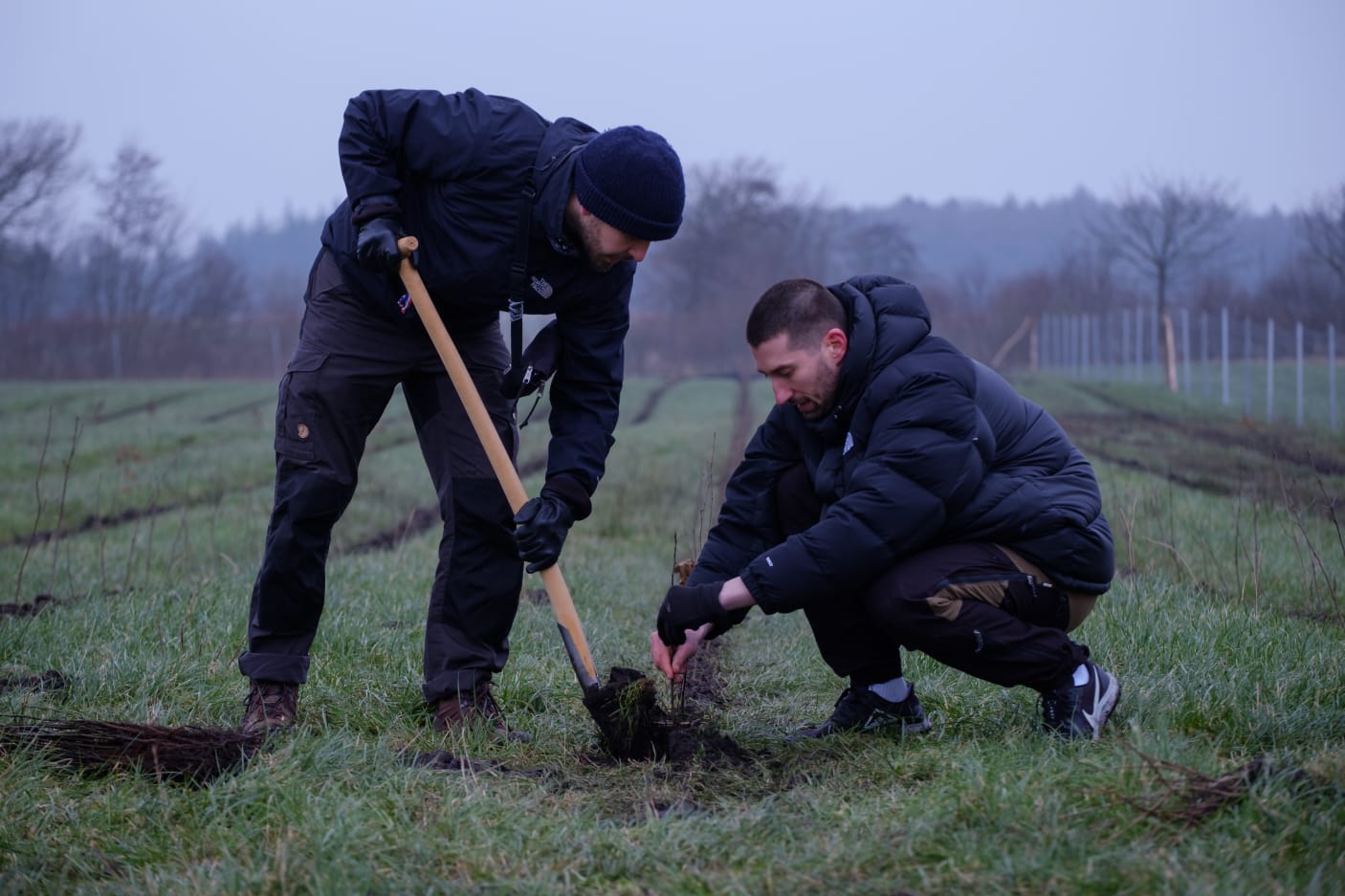 Two people plant trees in a field in Germany for CO₂ compensation