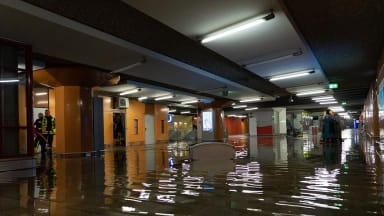 A train station in Frankfurt that was completely flooded by heavy thunderstorms and rain showers.