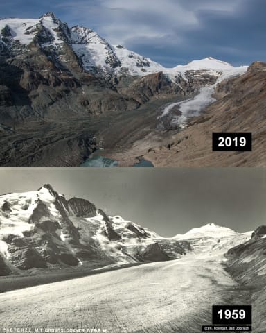 Evidence of climate change, photo comparison of a glacier from 1959 to 2019, the glacier has melted considerably