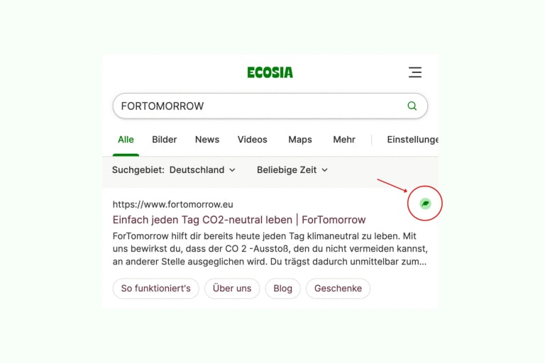 Kleines Icon eines grünen Blatts 'green leaf' von Ecosia neben ForTomorrow-Webseite