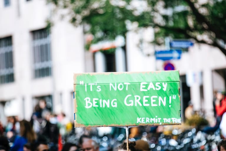 Ein Demonstrationsschild: Es ist nicht einfach grün zu sein.