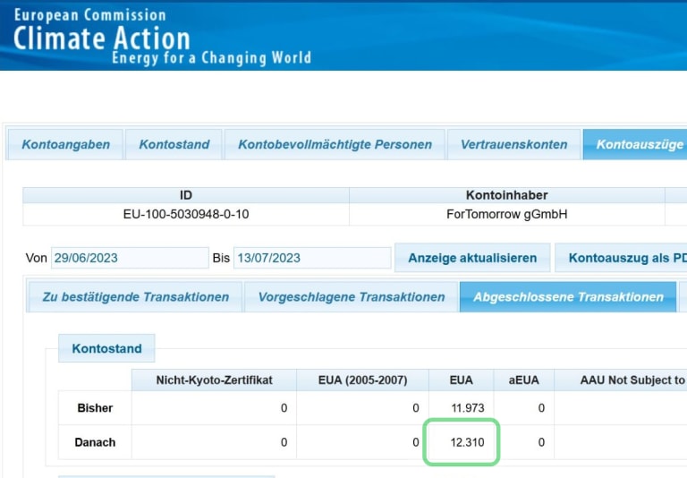 Kontoauszug des Emissionsrechte-Kontos bei ForTomorrow mit Anzahl stillgelegter Emissionsrechte. Für Juni 12.310 stillgelegte Emissionsrechte.