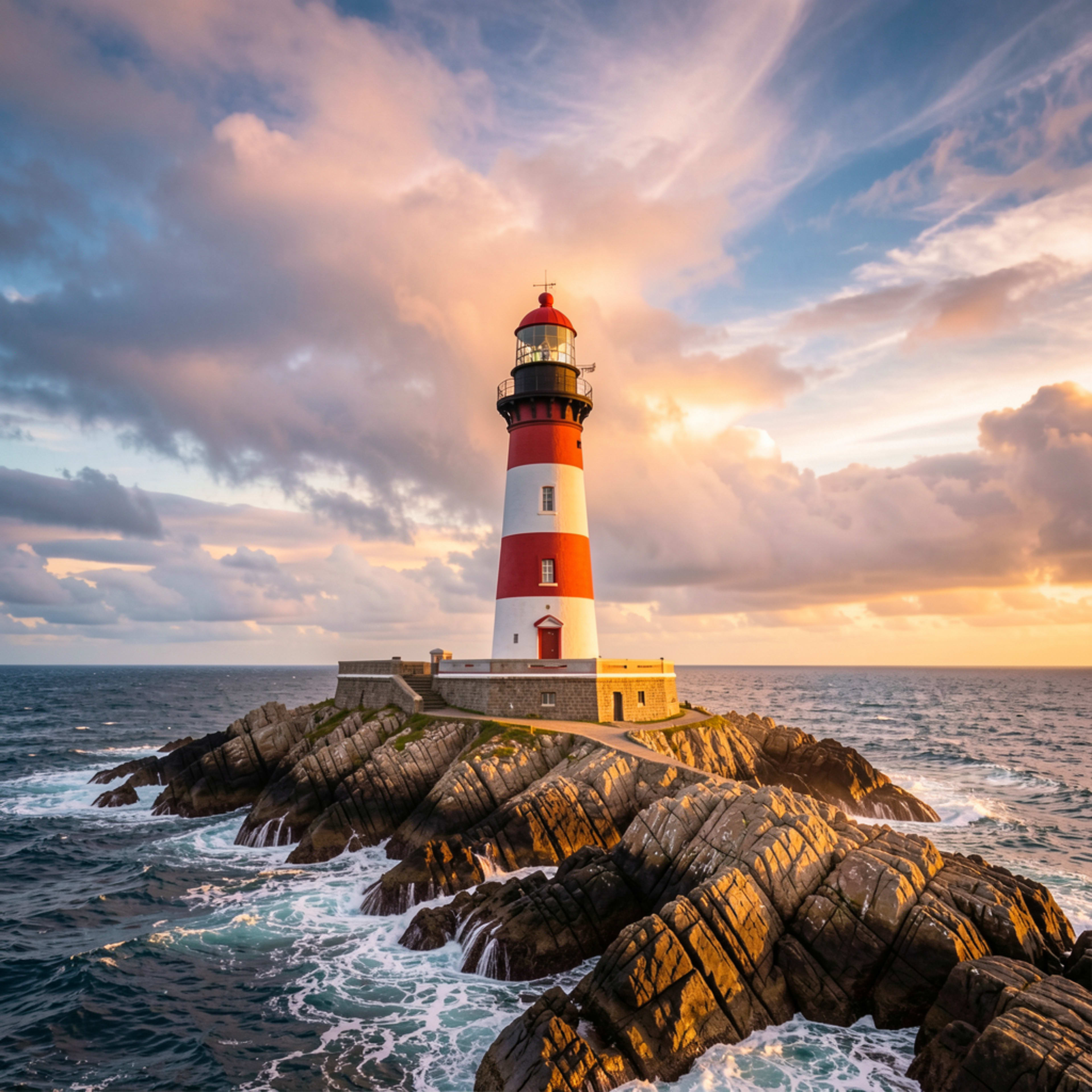 AI generation: A striped lighthouse on a dramatic rocky coast beneath sweeping clouds, centered landmark, vibrant cinematic light, no people, no lettering