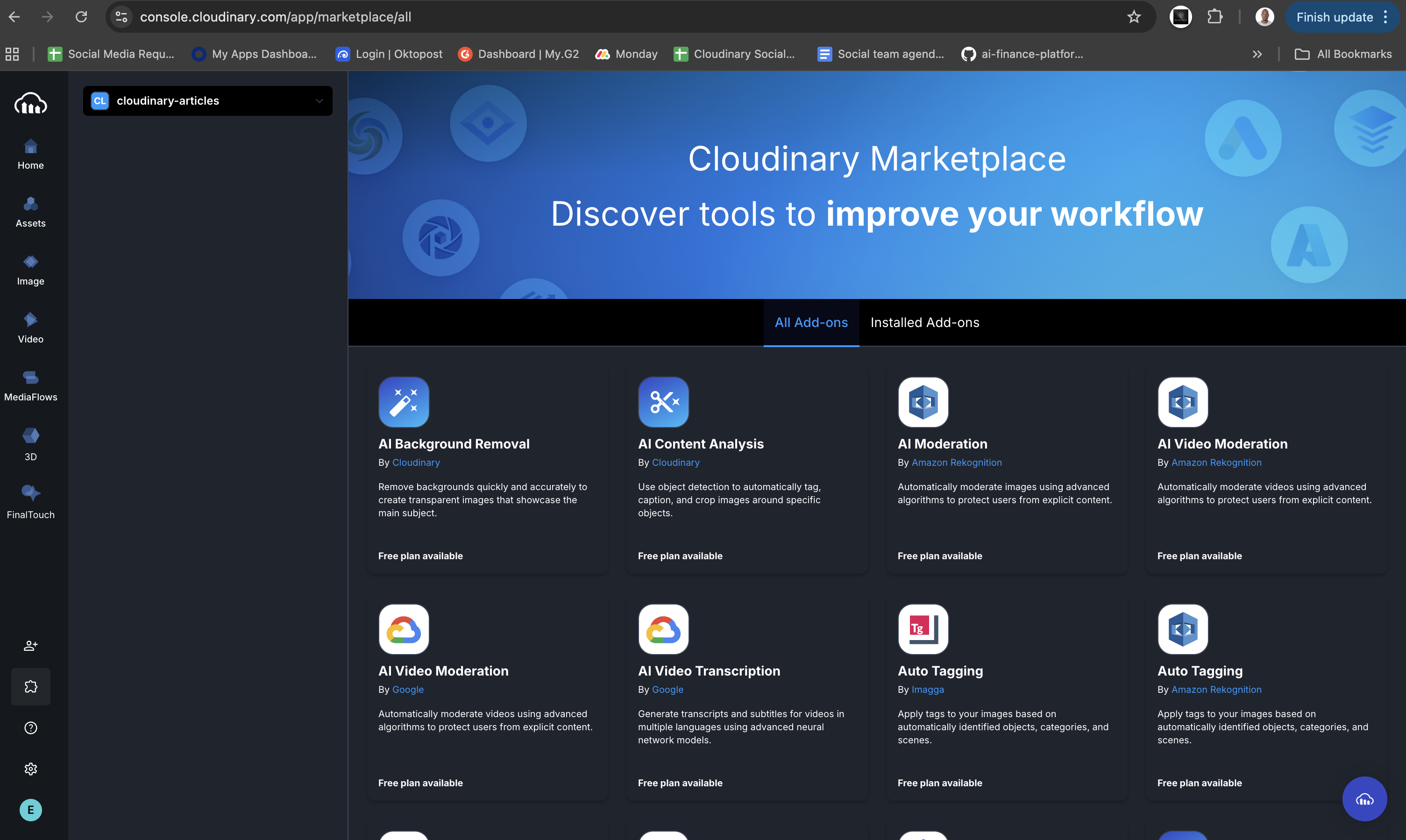 Cloudinary Marketplace in the Cloudinary console