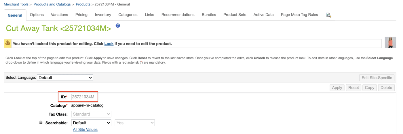 Product page showing ID