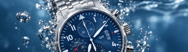 A high-end product shot of a luxury watch floating in water, hyper-detailed, sleek commercial