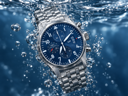 A high-end product shot of a luxury watch floating in water, hyper-detailed, sleek commercial