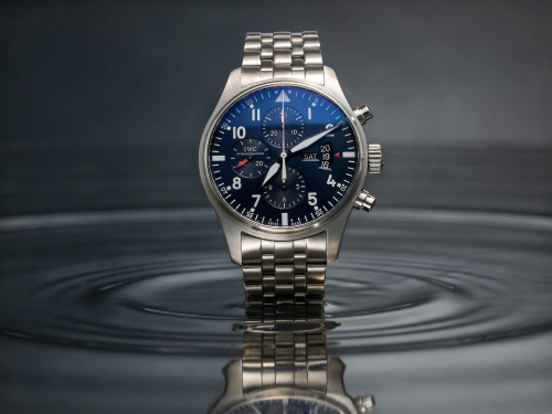 A high-end product shot of a luxury watch floating in water, hyper-detailed, sleek commercial