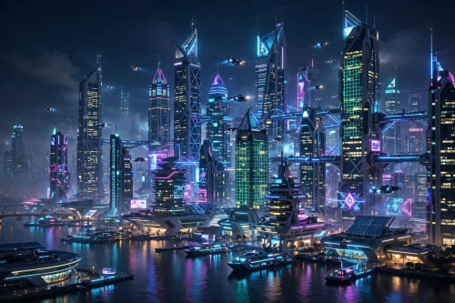 A futuristic city skyline at night