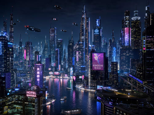 A futuristic city skyline at night