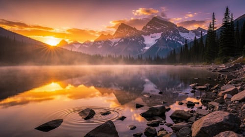 A photorealistic sunset over a mountain lake, 8K detail