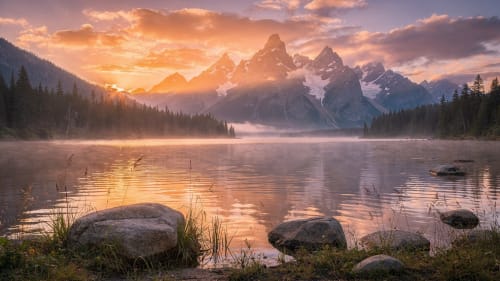 A photorealistic sunset over a mountain lake, 8K detail