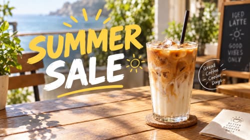 A promotional banner for a summer coffee sale, with the text SUMMER SALE in bold letters over an iced latte on a sunlit cafe table