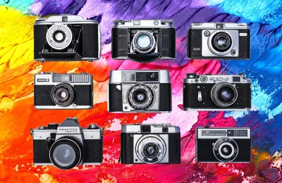 Cut out cameras and overlay on a colorful background Cut out cameras and overlay on a colorful background