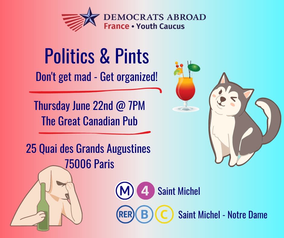 A sad dog, and organized pets. Youth caucus logo. Event date and time.