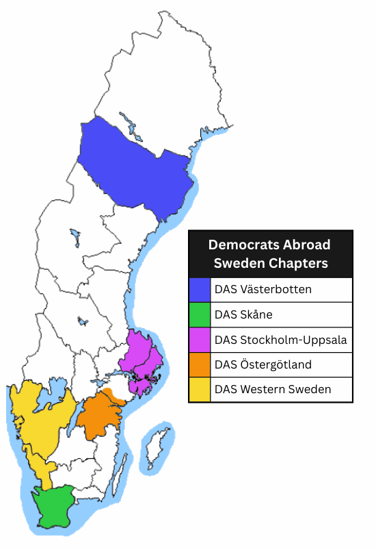 Map showing the locations and approximate extent of local chapters in DA Sweden.
