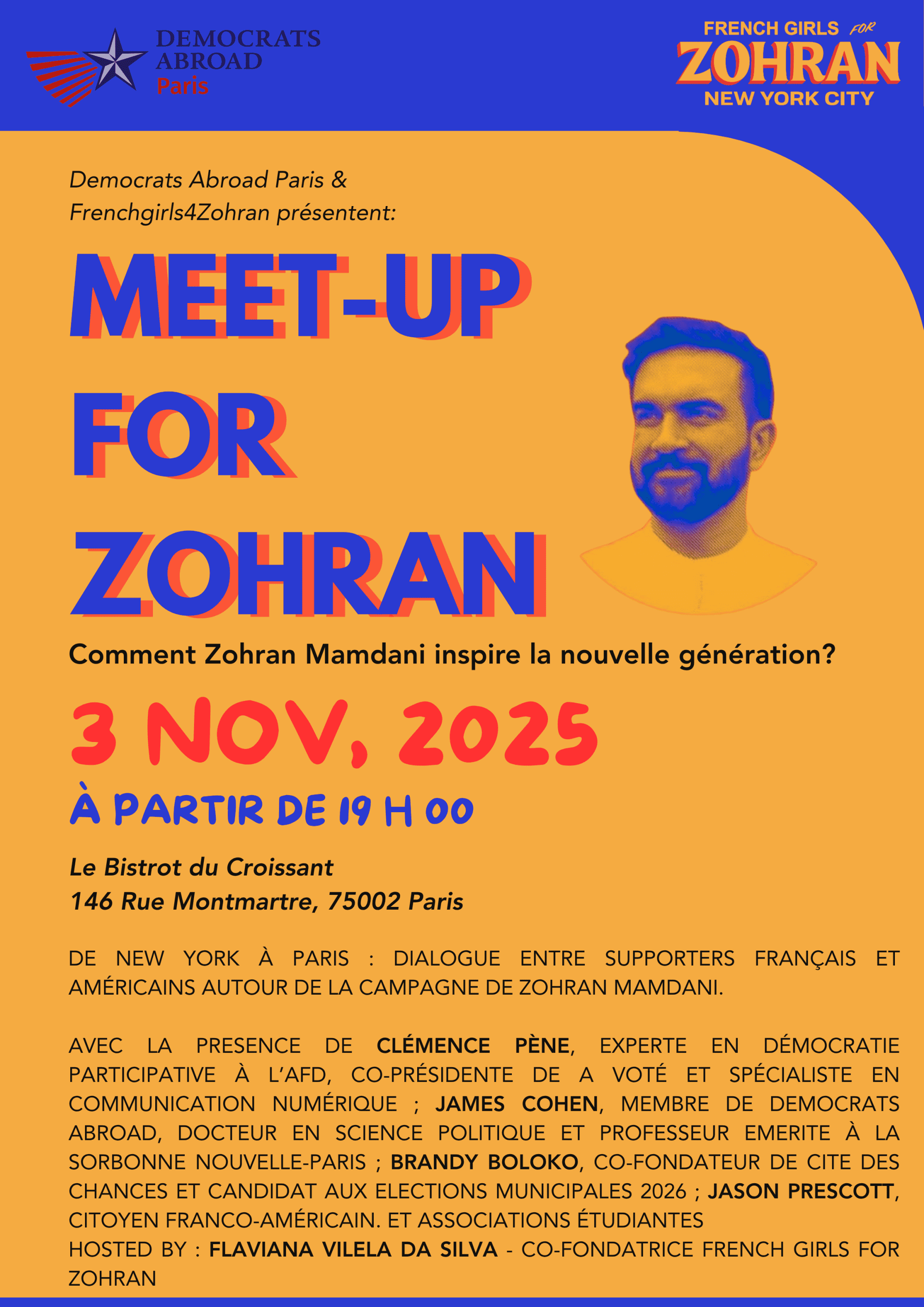 Event description in Zohran's campaign colors along with a picture of Zohran