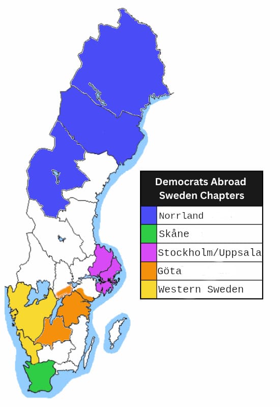 Map showing the locations and approximate extent of local chapters in DA Sweden.