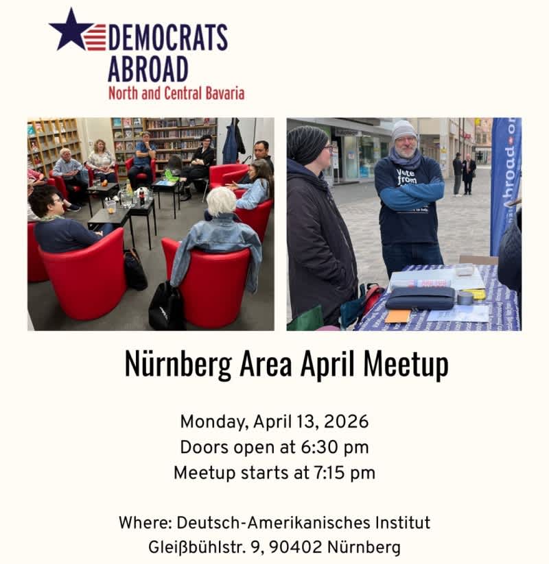 an indoor scene at a library with members sitting in a circle, and an outdoor scene at a VoteFromAbroad table staffed by volunteers